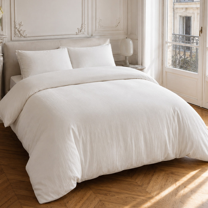 Parure housse de couette 100% gaze de coton unie blanc, RELAX