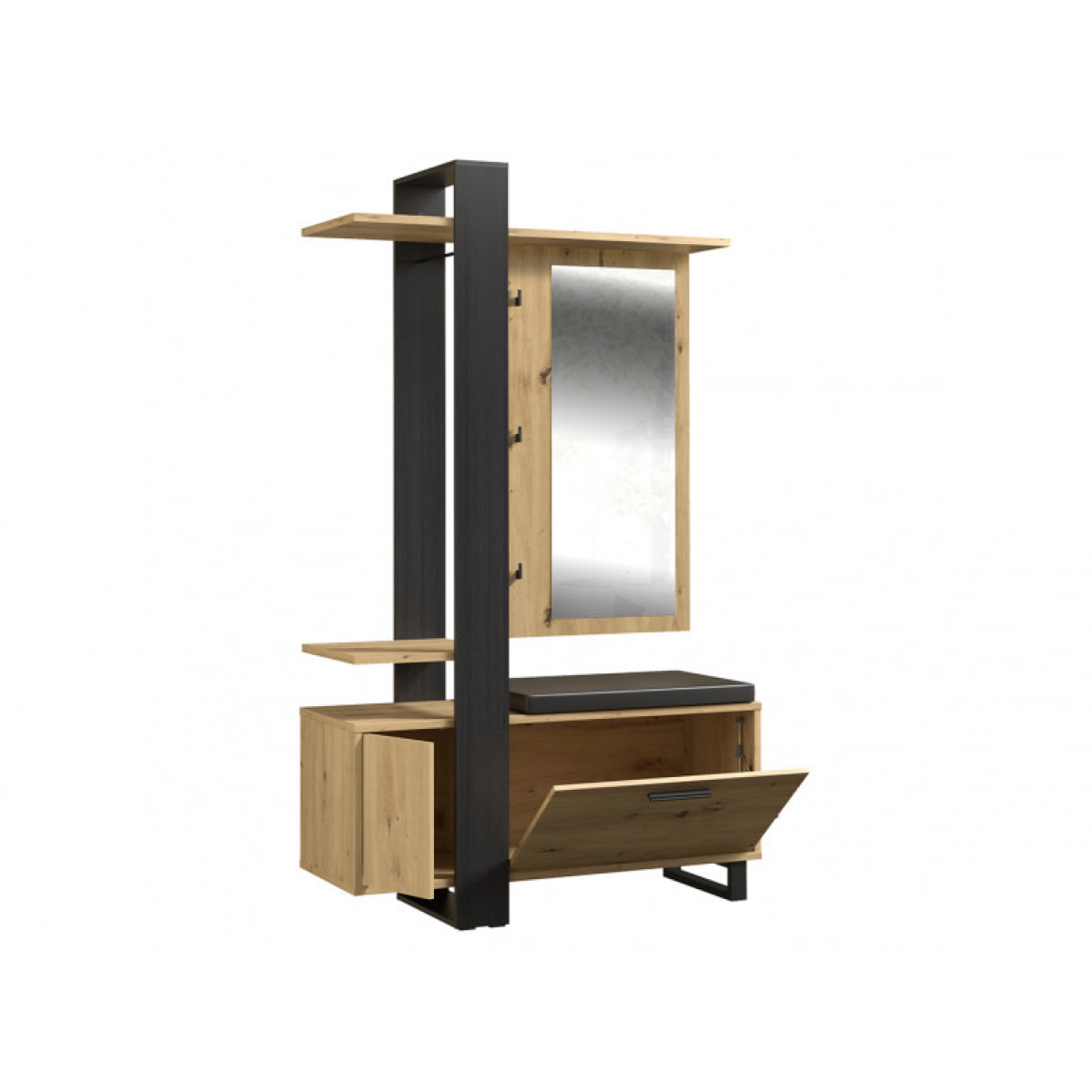 Vestiaire en bois effet chêne avec rangements, miroir et coussin - MARACAS
