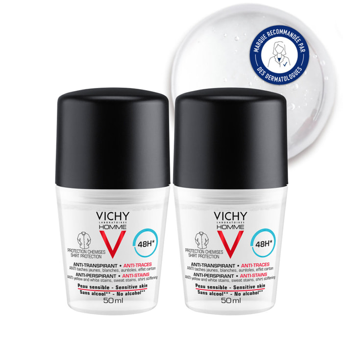 Vichy Homme Anti-Transpirant 48h - Anti-Traces  Roll-On 2x50 ml