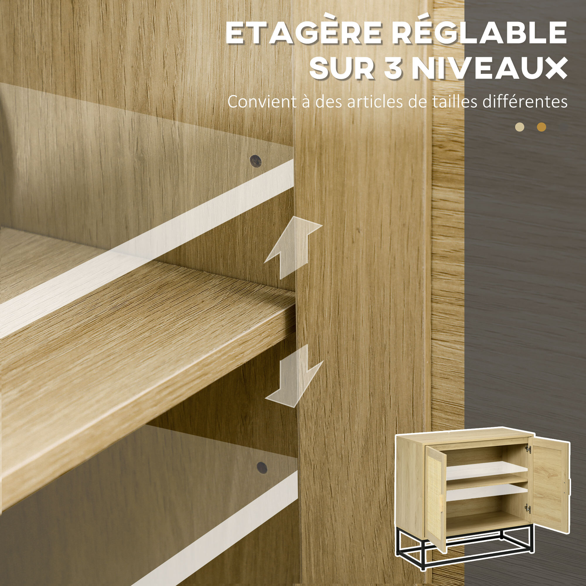 Buffet 2 portes cannage rotin avec étagère piètement acier noir poignées bois pin aspect chêne clair