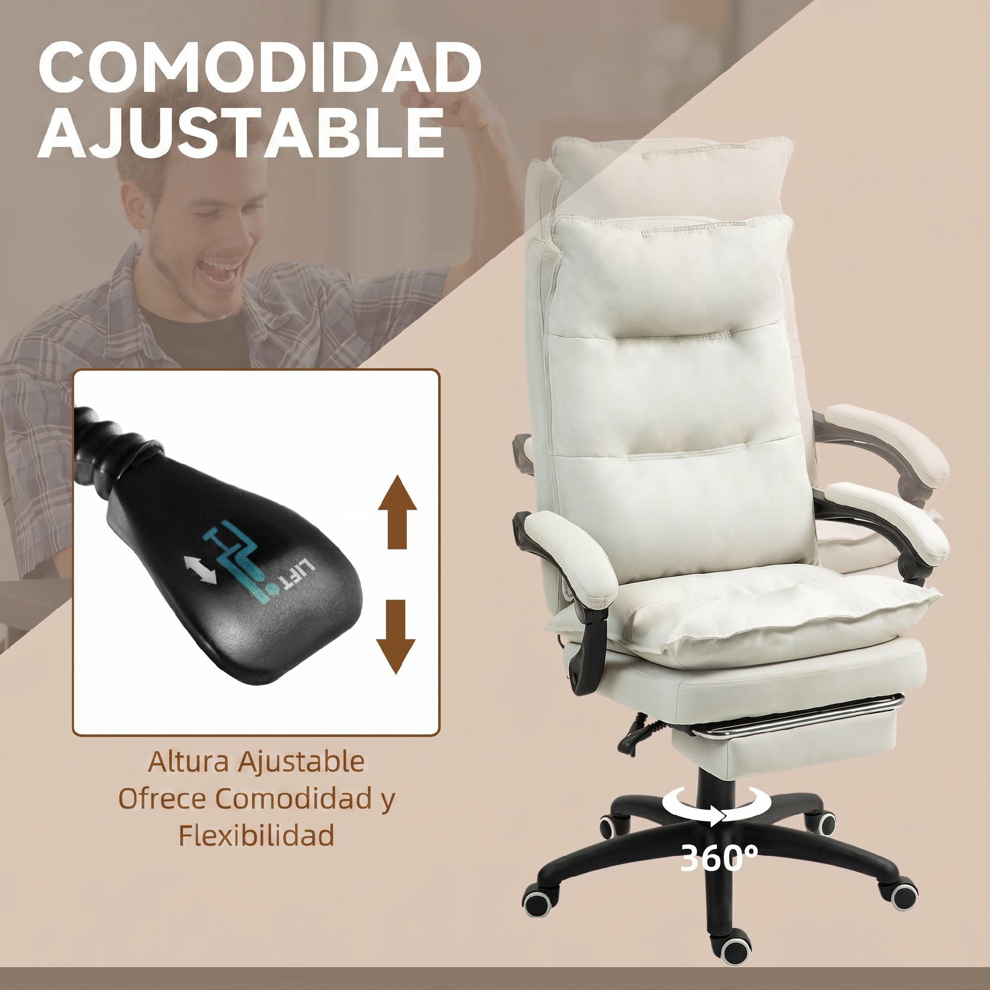 Vinsetto Silla de Oficina Ejecutiva con Masaje, Silla de Escritorio Ergonómica con Altura Ajustable, Respaldo Reclinable, Reposapiés, Mando con Cable, Giratoria 360°, Crema