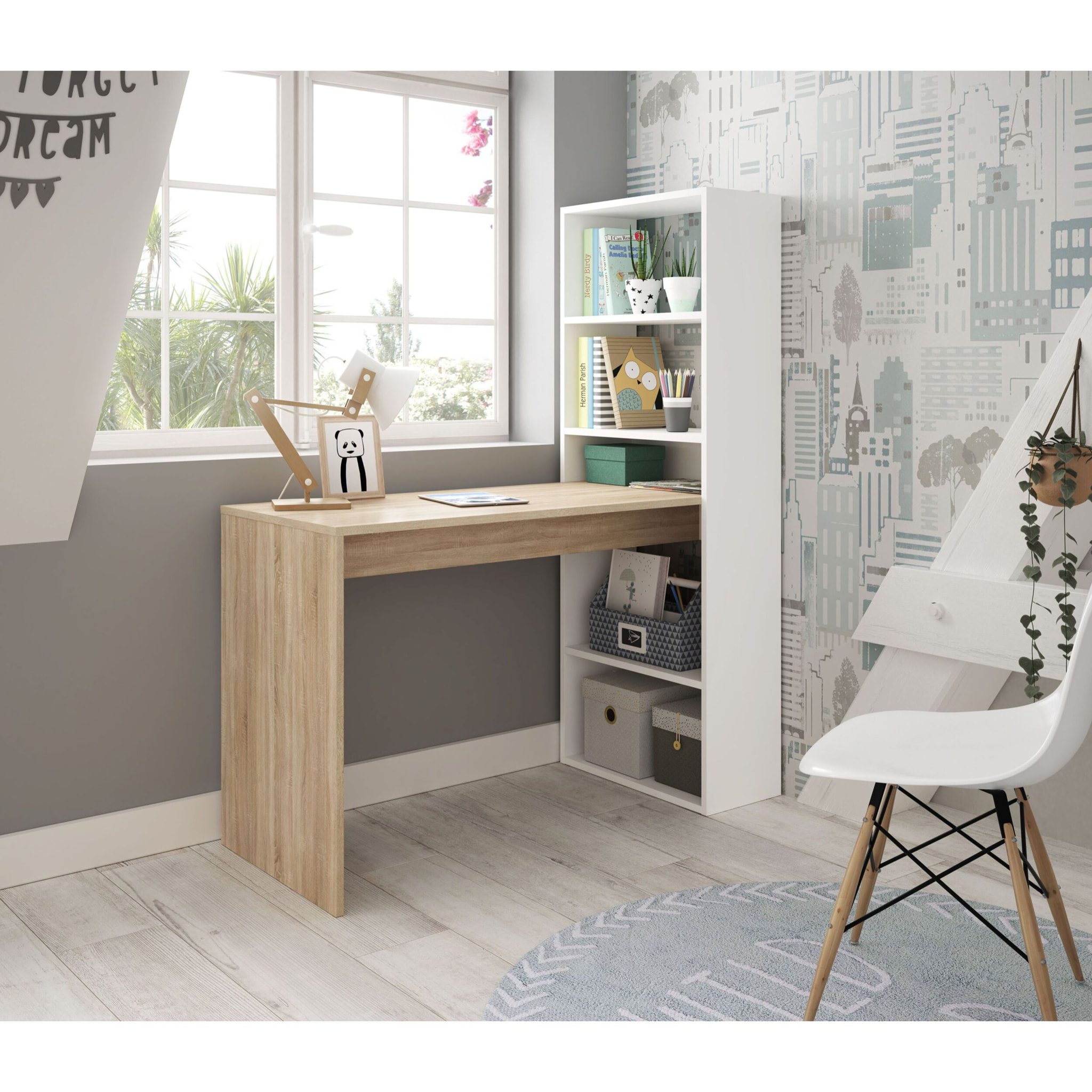 Scrivania Con Libreria Reversibile Kirkensen Scrittoio Scaffali Laterali Mobile Desk da Ufficio Soggiorno Sala Da Pranzo 120x144x53 Cm Bianco e Rovere