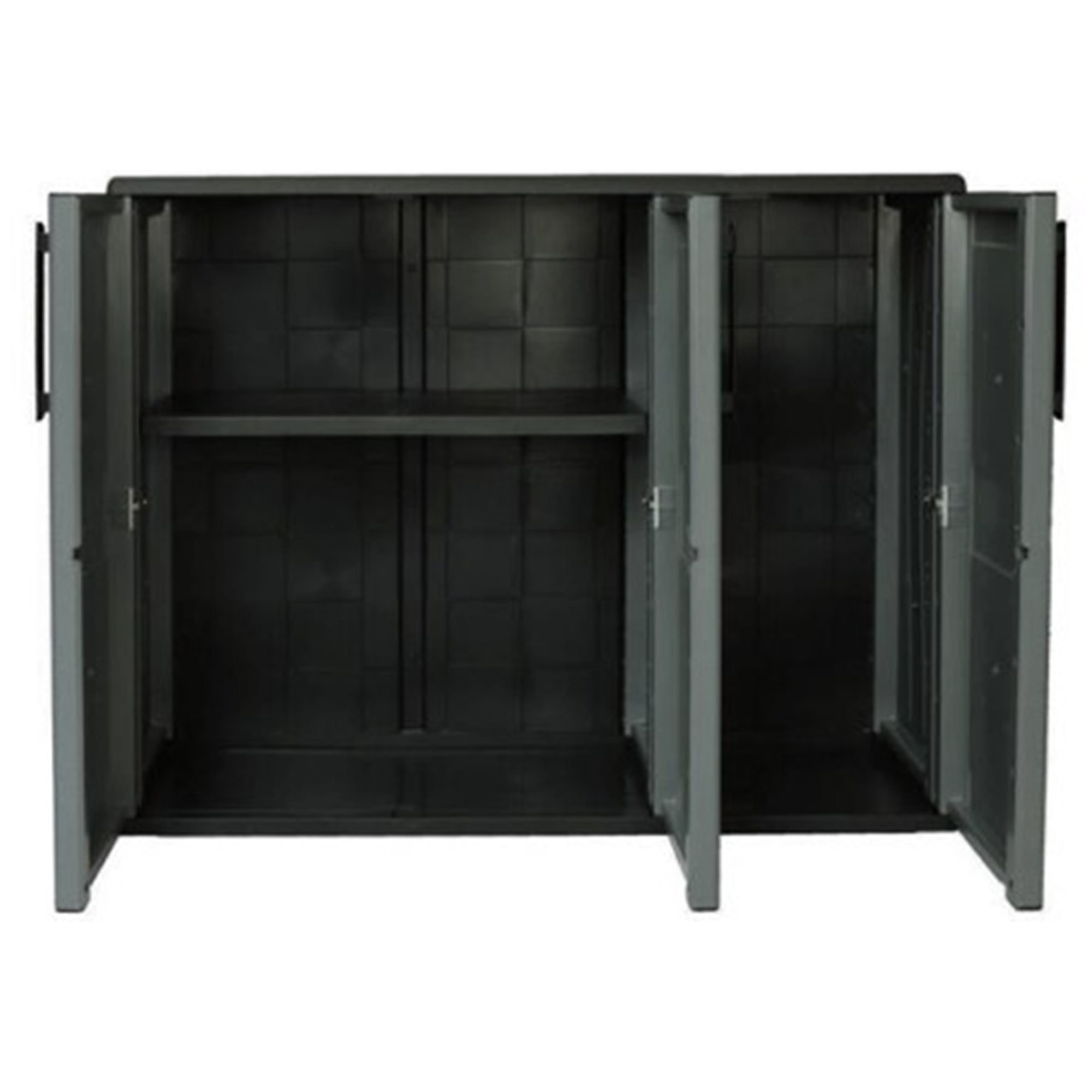 Armario de mediana altura en polipropileno, material reciclable y ecológico sostenible, está equipado con bisagras de acero y estantes ajustables, dim