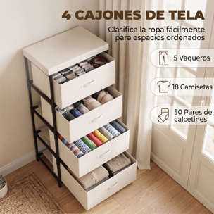 HOMCOM Cómoda con 4 Cajones de Tela, Cómoda para Dormitorio, Marco de Acero, Montaje Rápido, Cajonera para Salón, Oficina, Vestidor, Beige