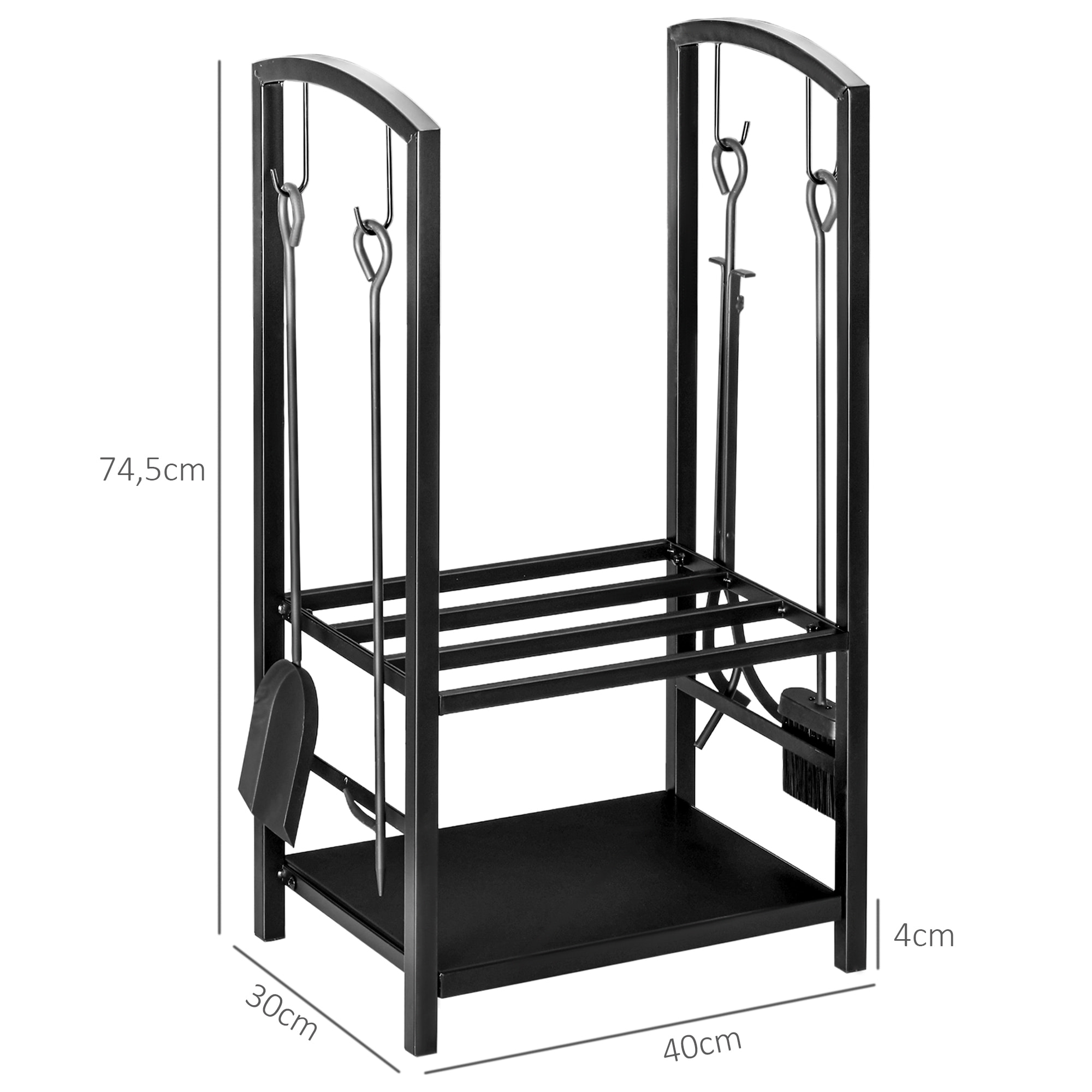 Estante de Leña para chimenea 40x30x74,5 cm Soporte para Leña de 2 Niveles Leñero Exterior e Interior Metálico con 4 Herramientas para Chimenea Carga Máx.100 kg Negro