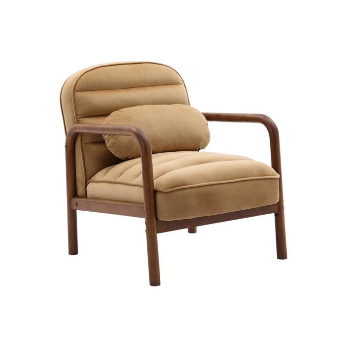 Fauteuil scandinave bois d'hévéa teinté noyer et tissu velours cappuccino