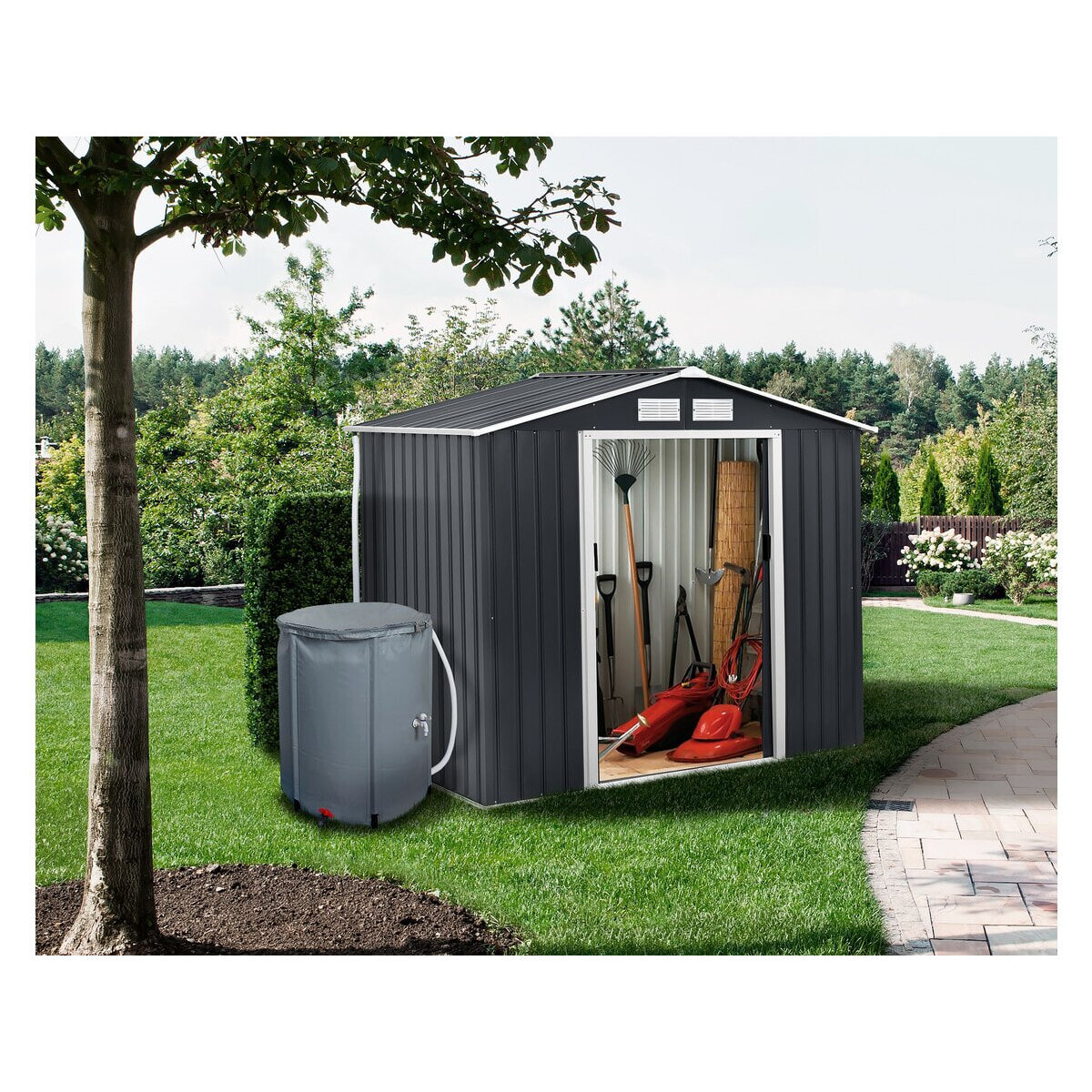 Abri de jardin métal - "Vegas" - 5.29 m² avec gouttière et récupérateur d'eau - Gris