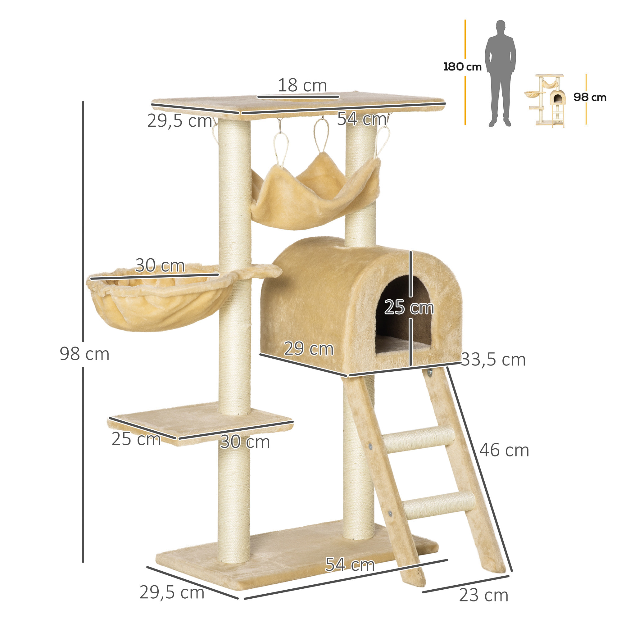 árbol Rascador para Gatos 98 cm con Cueva Hamaca Escalera Postes de Sisal Beige