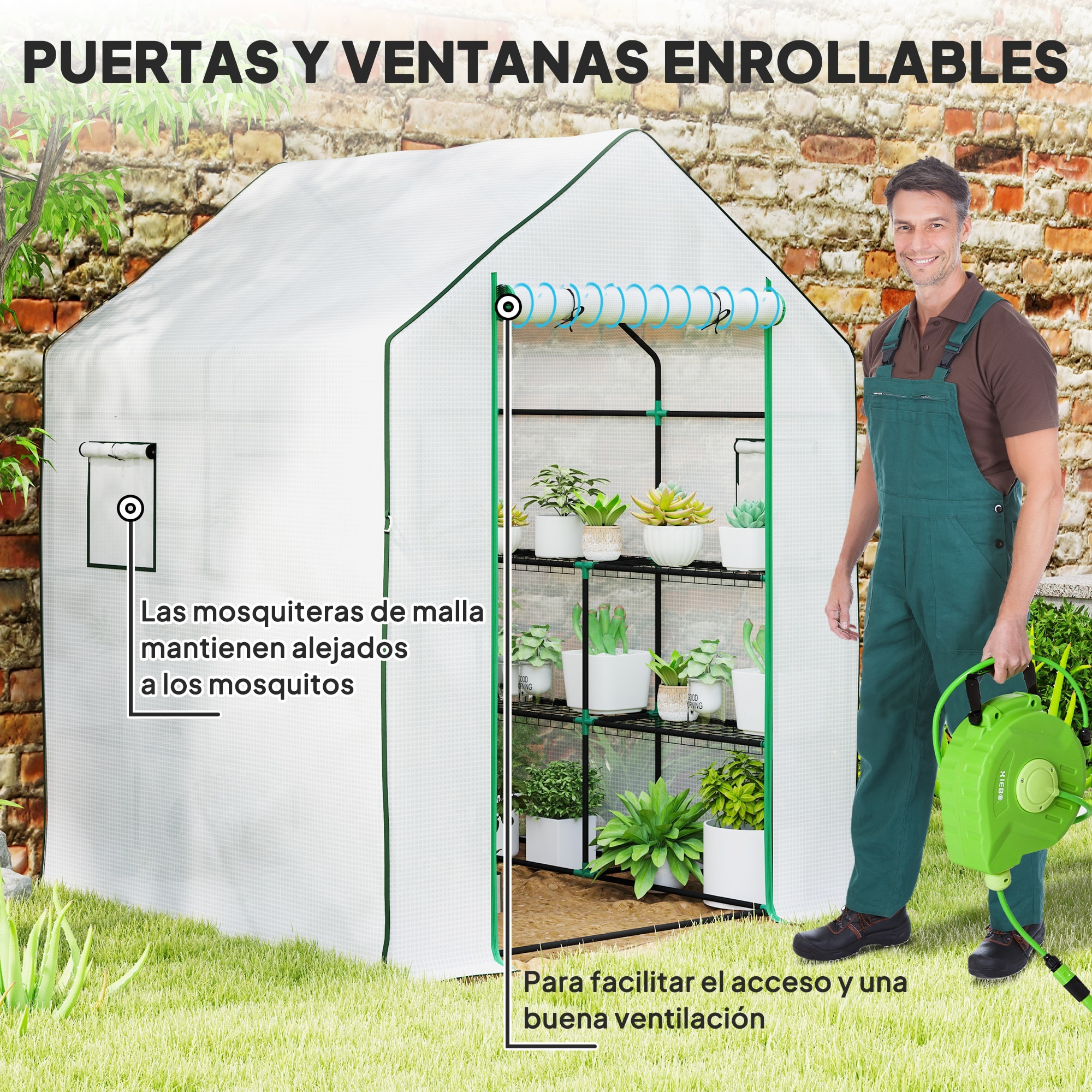 Invernadero de Exterior Invernadero Pequeño de 3 Niveles con 6 Estantes Puerta Enrollable Cubierta de PE y Marco de Acero para Cultivos Plantas Flores 140x143x190 cm Blanco