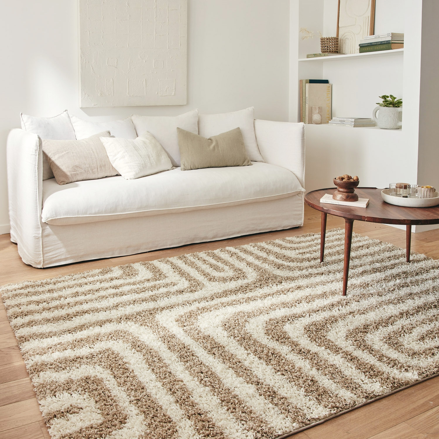 Tapis intérieur shaggy motifs géométriques rectangulaires beige 160 x 230 cm - Queensy