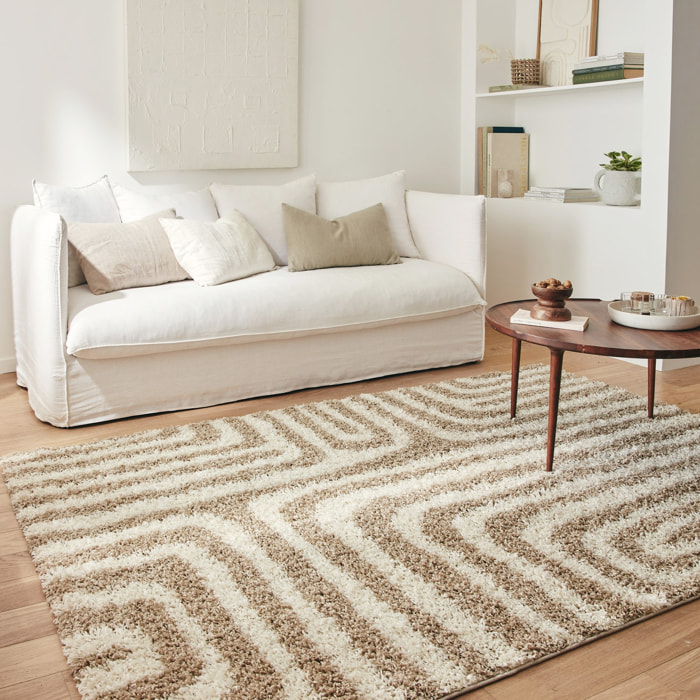 Tapis intérieur shaggy motifs géométriques rectangulaires beige 160 x 230 cm - Queensy