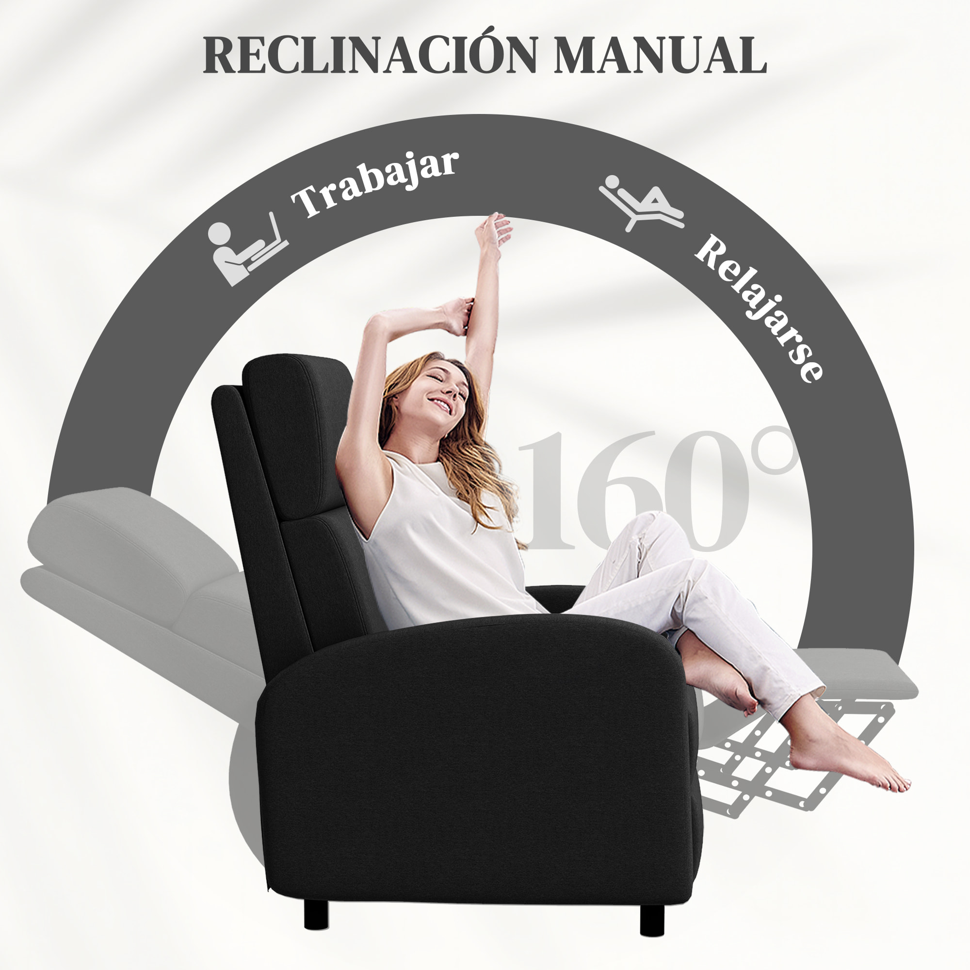 Sillón Relax Reclinable Manual Sillón Relax Tapizado en Lino Sintético con Reposapiés Respaldo Alto Carga 120 kg Butaca Reclinable para Dormitorio Oficina Negro