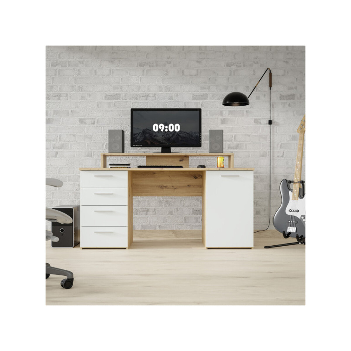 Bureau L145cm 4 tiroirs 1 porte 1 tablette décor gris et chêne - ELENA