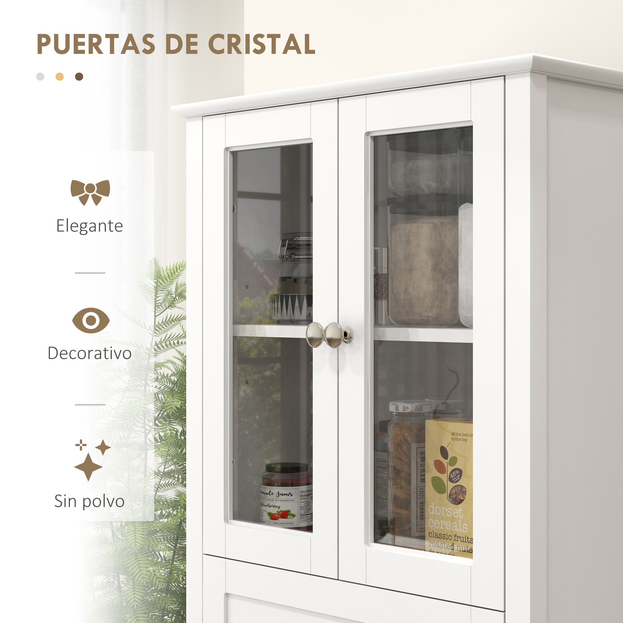 Alacena de Cocina Despensa Armario de Cocina con 2 Puertas de Vidrio Templado Cajón y Estantes Ajustables Aparador para Comedor 61x35x168,5 cm Blanco