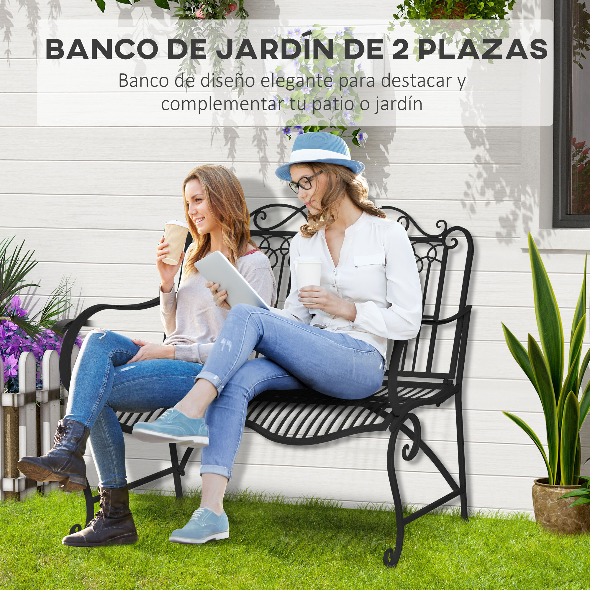 Outsunny Banco Jardín 2 Plazas 110x60x97 cm con Reposabrazos Carga 200 kg Negro