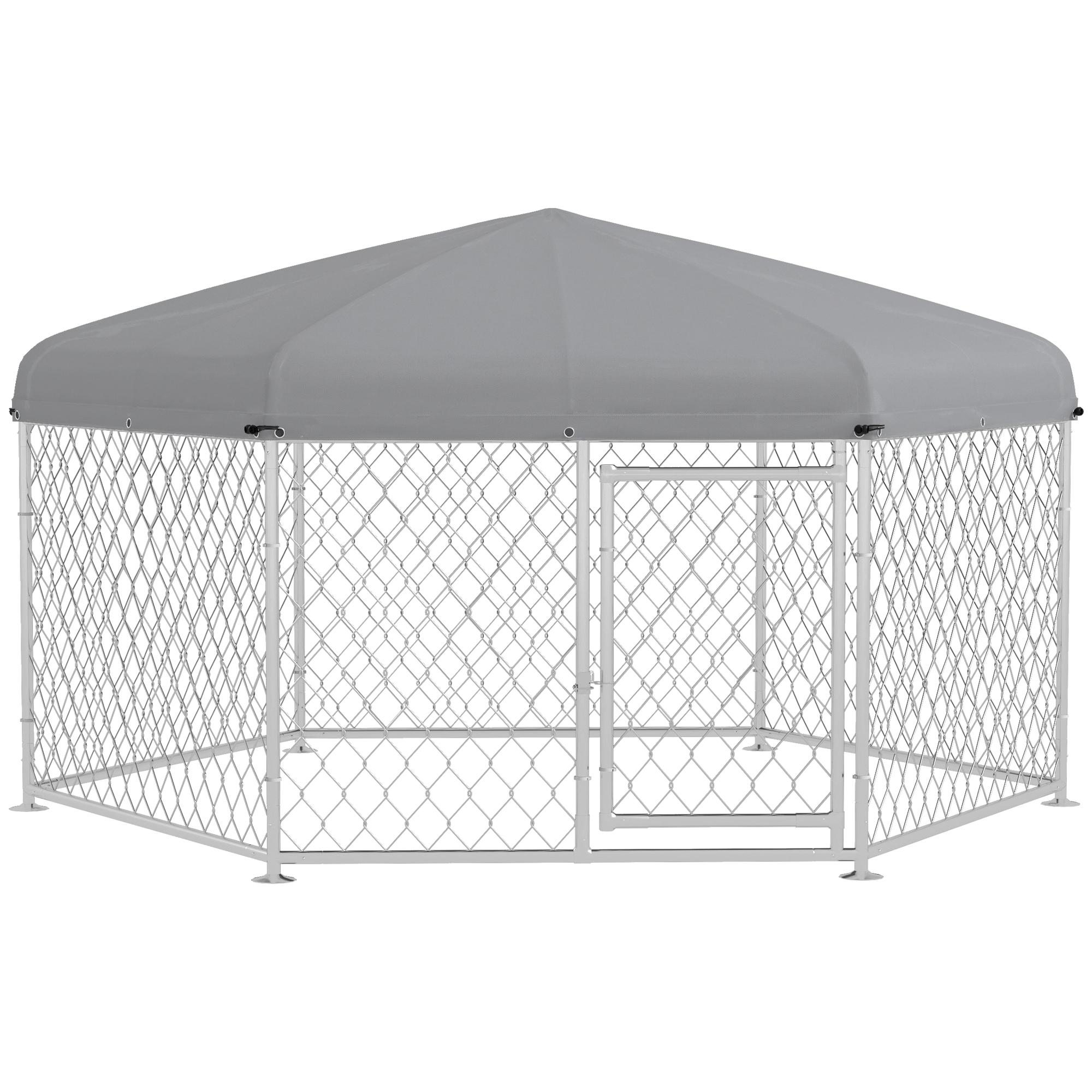 Perrera de Exterior Hexagonal Jaula para Perros con Puerta Marco de Acero Galvanizado y Toldo Impermeable y Anti-UV 210x185x150 cm Plata