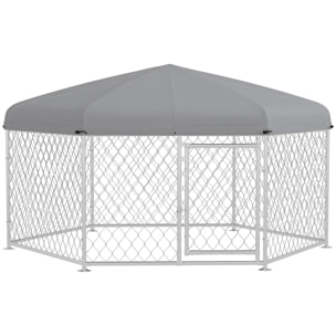 Perrera de Exterior Hexagonal Jaula para Perros con Puerta Marco de Acero Galvanizado y Toldo Impermeable y Anti-UV 210x185x150 cm Plata