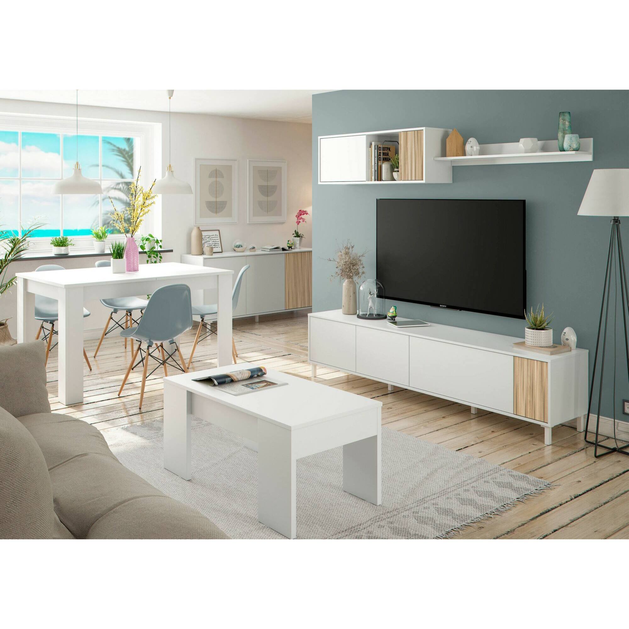 Parete attrezzata Banari, Armadietto soggiorno con ante, Armadio pensile con mensola, Credenza multiuso, 200x40h47 cm, Bianco e Rovere