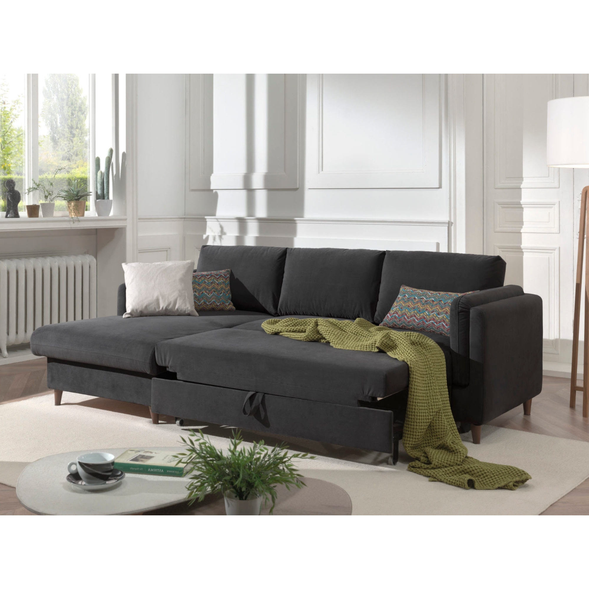 Brooke - canapé d'angle gauche - convertible avec coffre - 4 places - en velours - Gris foncé