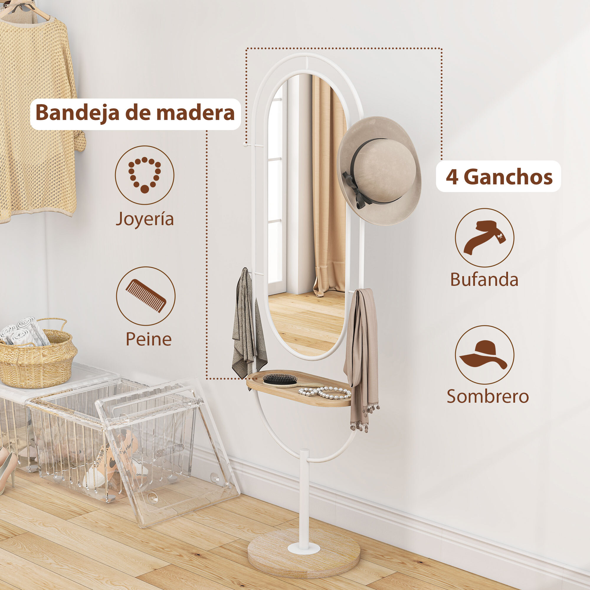 Espejo de Cuerpo Entero 175,5x50 cm Espejo de Pie con Bandeja de Madera 4 Ganchos y Marco de Metal para Salón Dormitorio Blanco