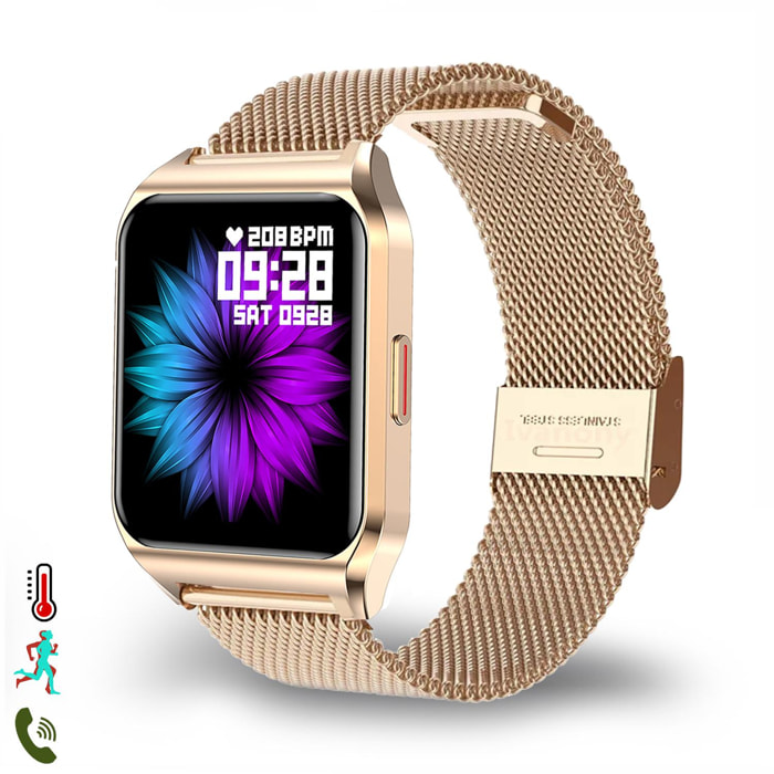 DAM Smartwatch H60 con notificaciones de aplicaciones, 7 modos deportivos. Monitor de salud con termómetro. Correa de metal milanesa. 5,3x3,6x1,3 Cm. Color: Oro