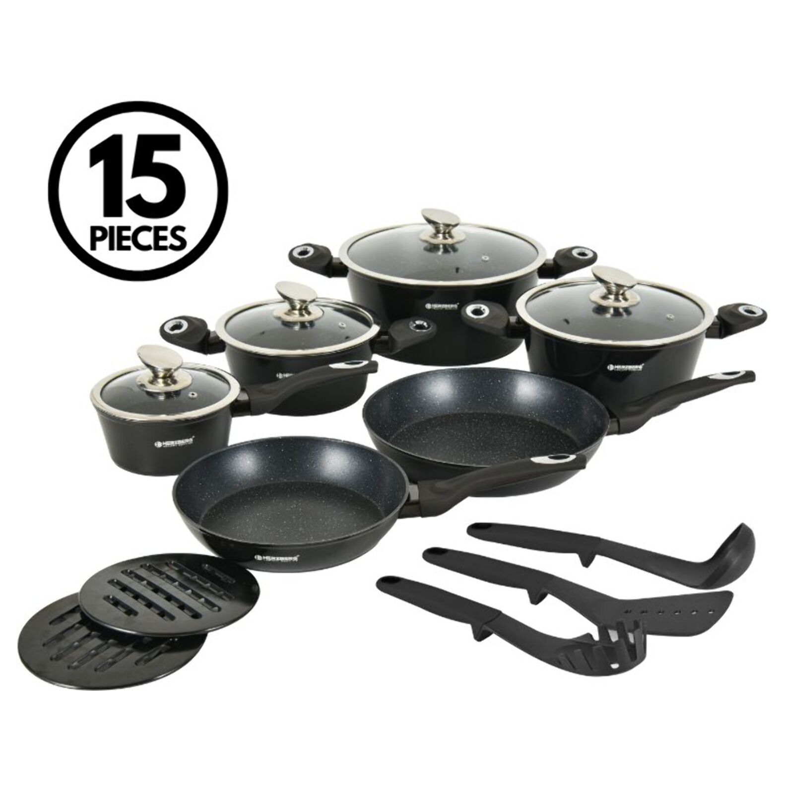 Batterie de cuisine 15 pièces avec revêtement en marbe Noir Herzberg HGMETBK15-BLK