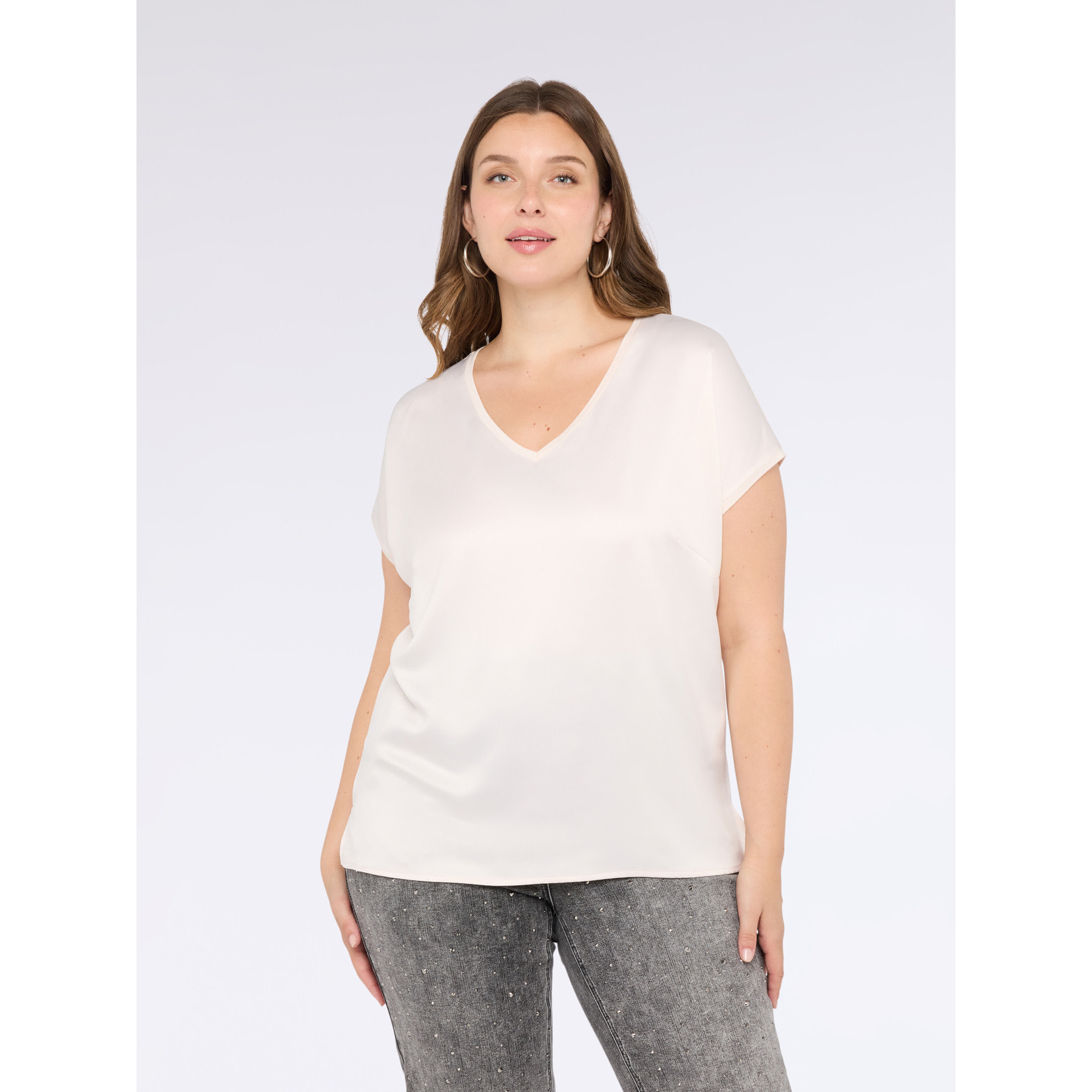 Fiorella Rubino - T-shirt bimaterica con scollo a V - Rosa cipria