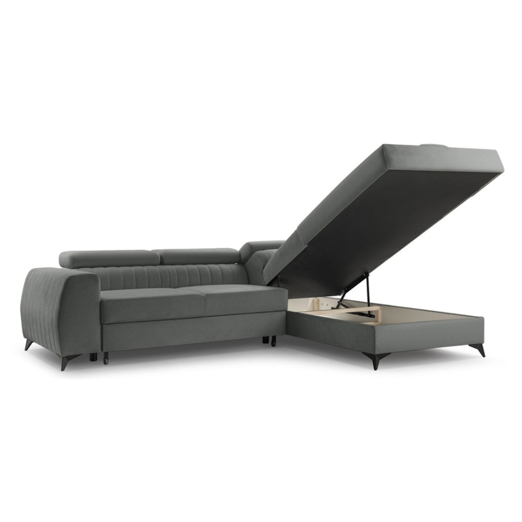 Aneta - canapé d'angle droit 5 places - convertible avec coffre et têtières - en velours - Gris