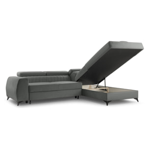 Aneta - canapé d'angle droit 5 places - convertible avec coffre et têtières - en velours - Gris