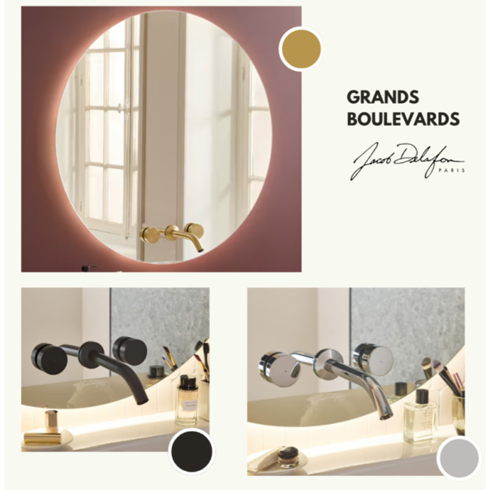 Miroir LED rond 3 trous + mitigeur lavabo encastré 3 trous Grands Boulevards noir mat