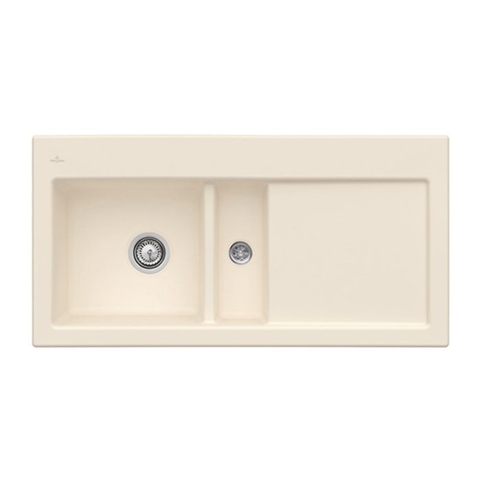 Evier 1 cuve et demi Subway 60 100 x 51 cm egouttoir a droite Ivory CeramicPlus avec vidage automatique