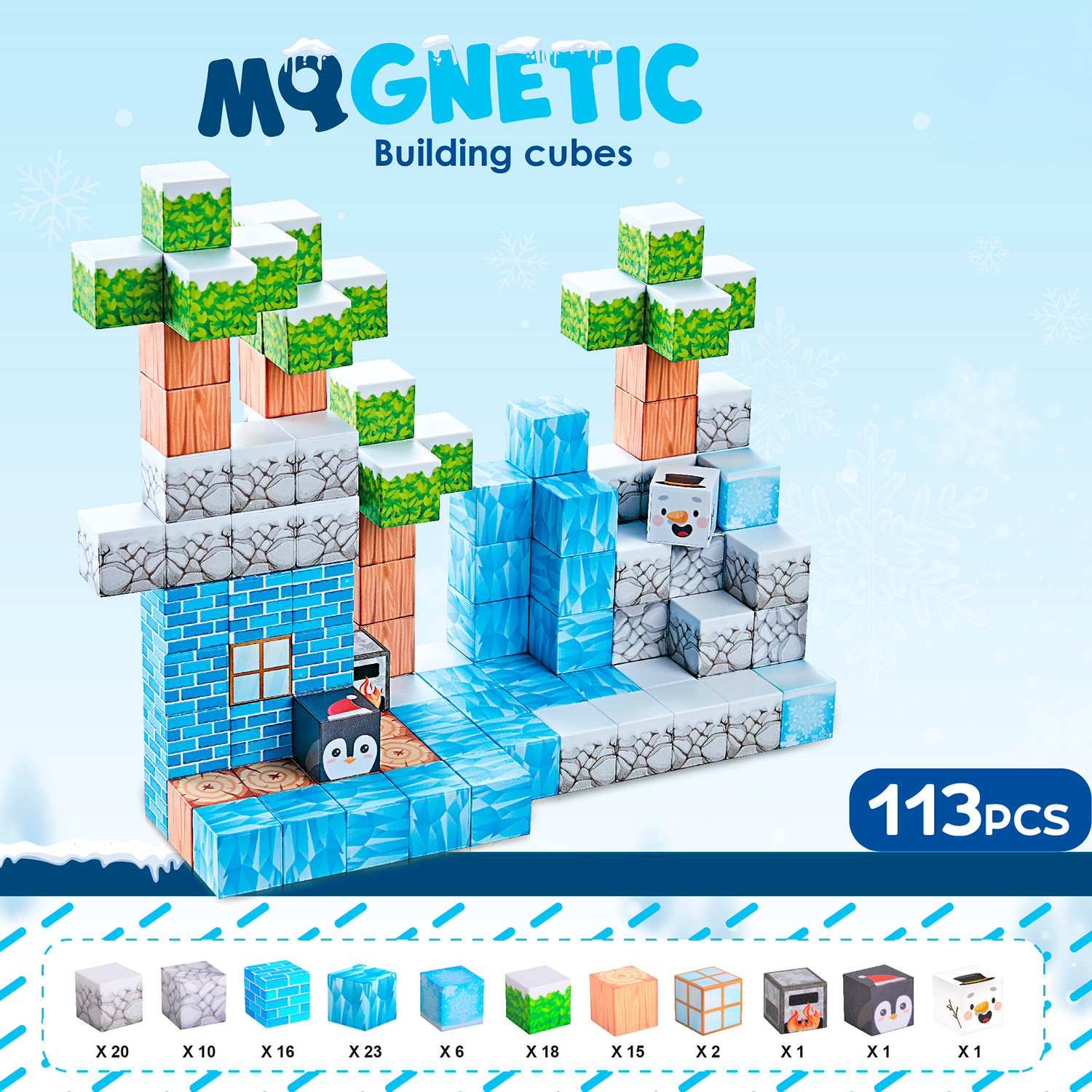 Cubos Magnéticos de 2CM. Tema Hielo y Nieve. 113 piezas.