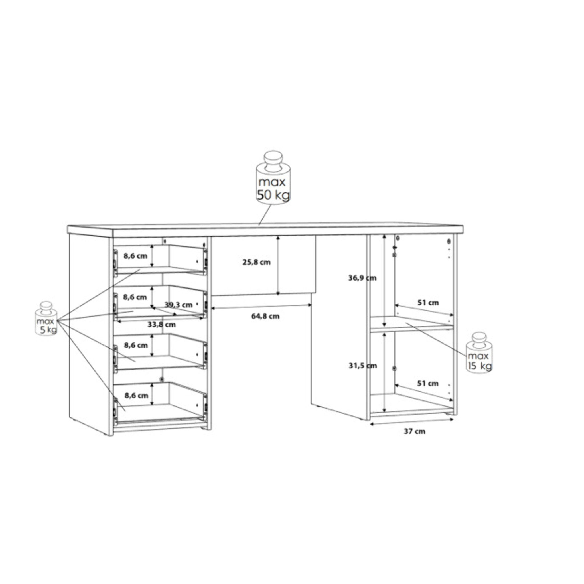 Bureau droit 1 porte 4 tiroirs effet chêne rustique L145 cm - CANDY