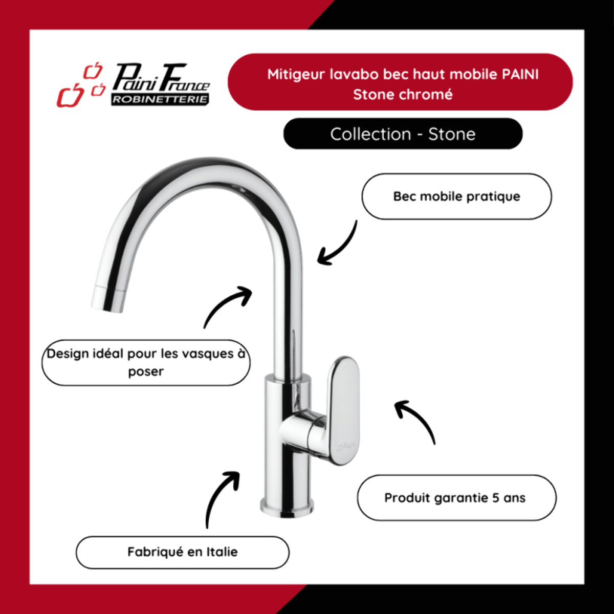 Mitigeur lavabo bec haut mobile PAINI Stone chromé