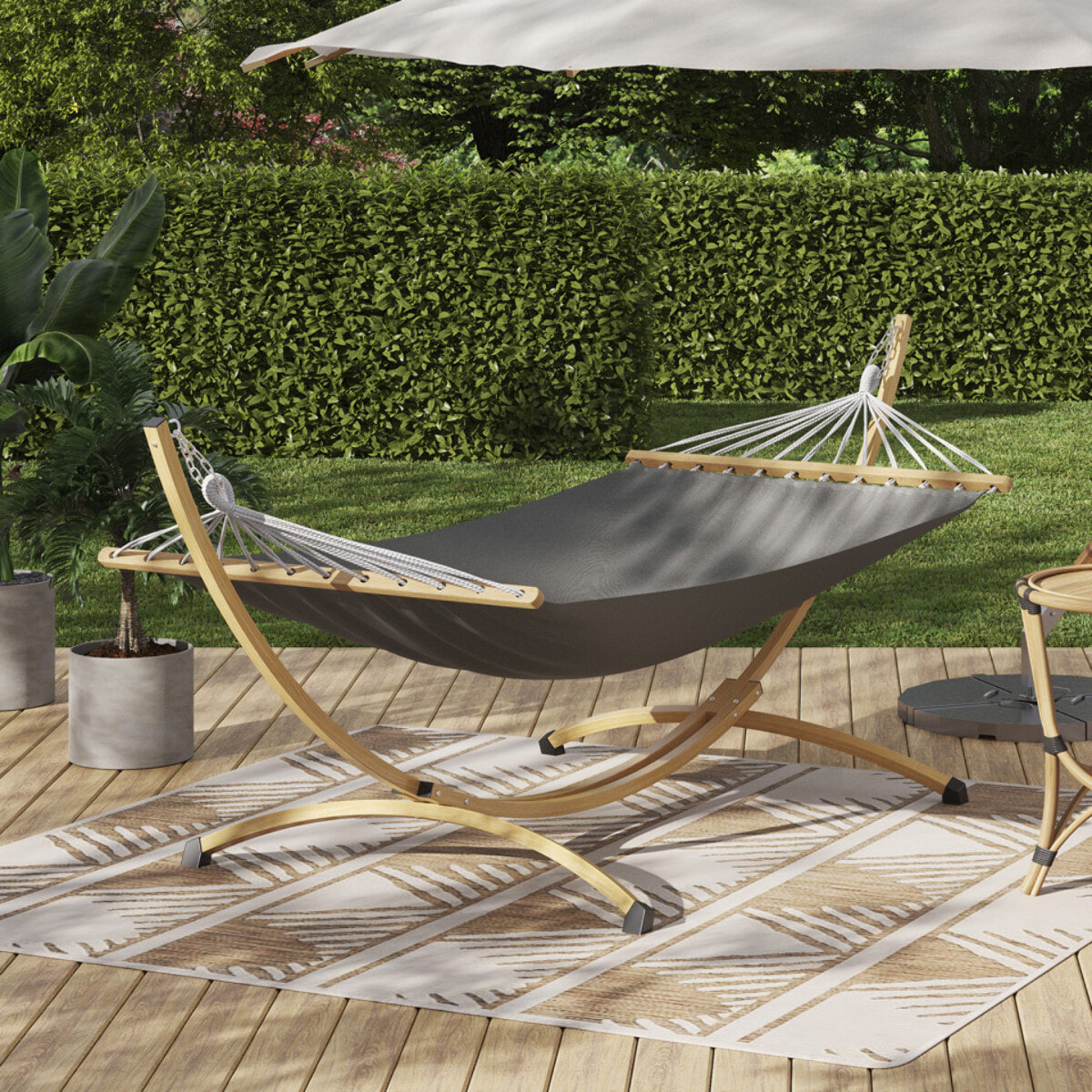 Hamac Amazonia support métal effet bois toile grise