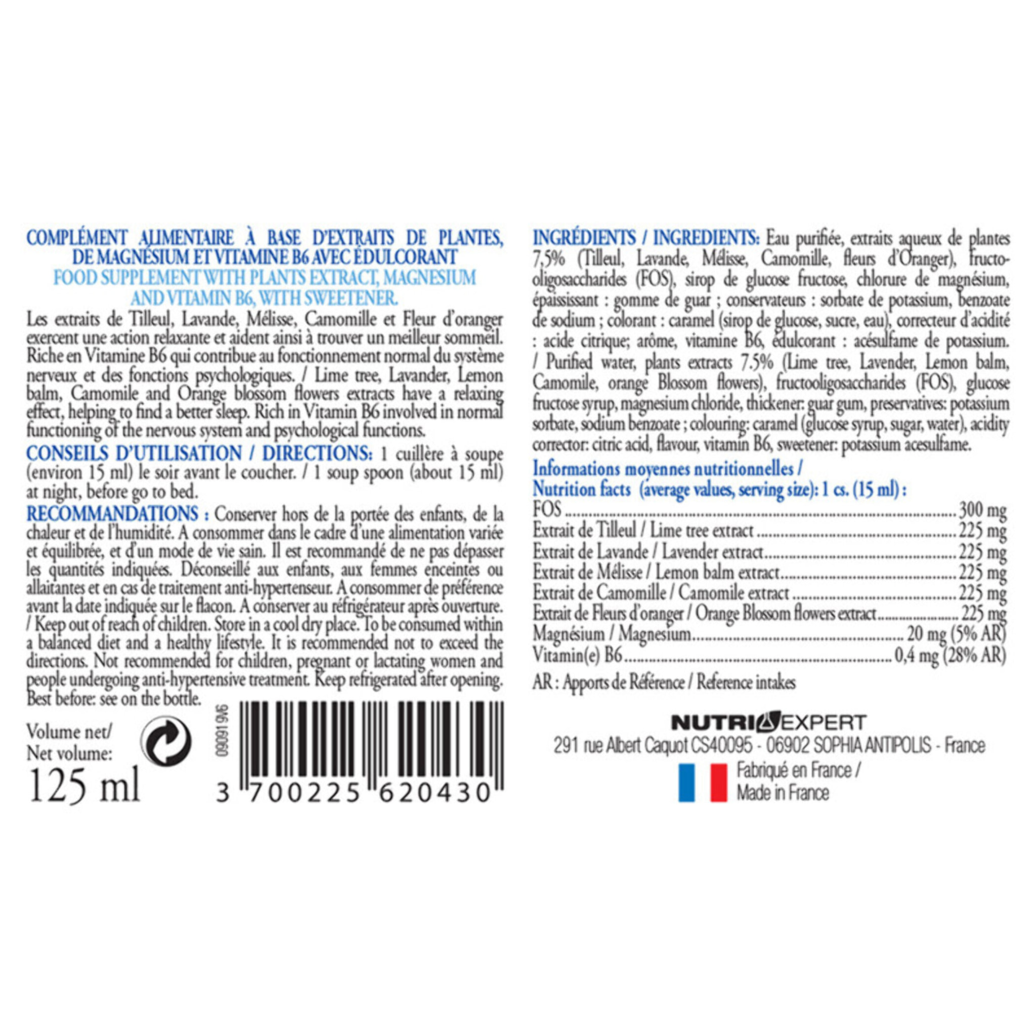NUTRI EXPERT - Elixir Sommeil Naturel - Apaisant et relaxant - Bien-être physique et mental - Contribue à une meilleure qualité de sommeil - Flacon de 125 ml - Marque Française - Lot de 3