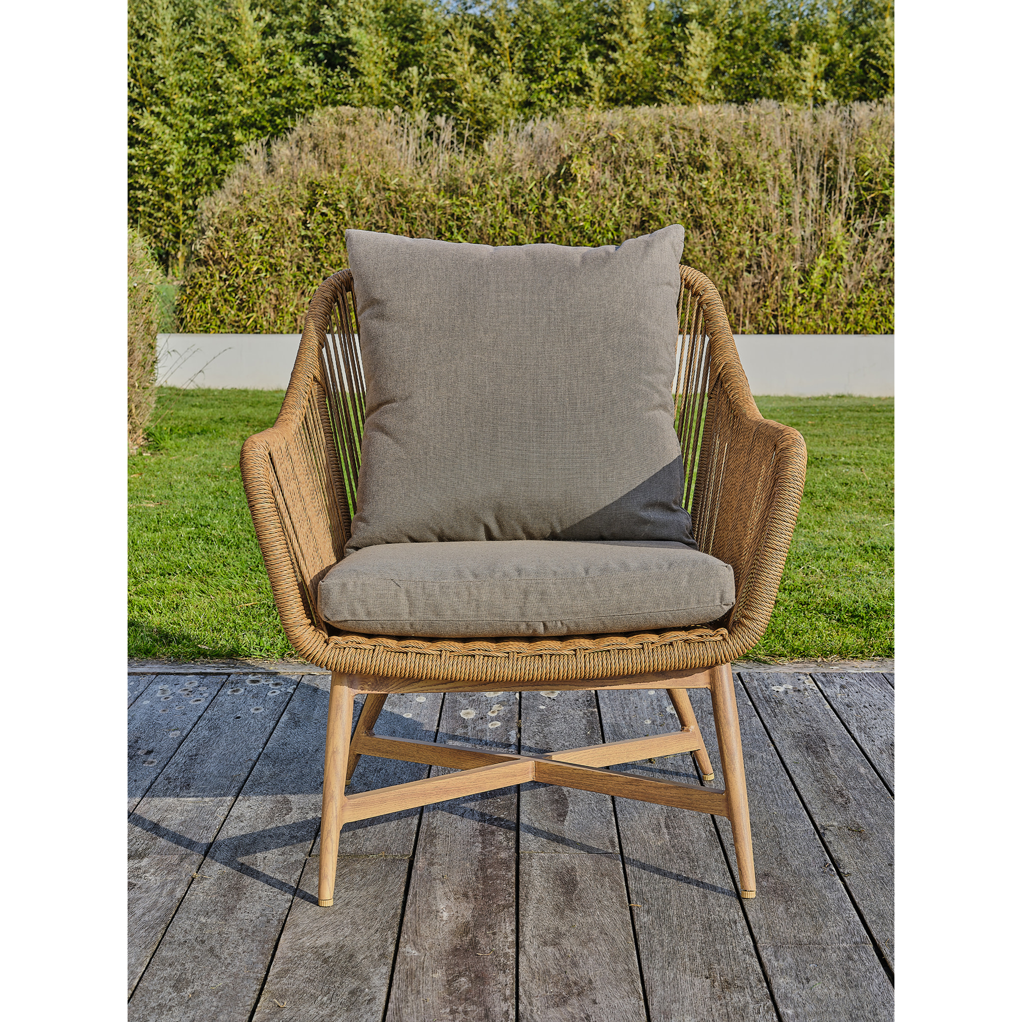 PALMAS - Salon bas de jardin 5 places alu aspect bois, teck et corde tissée