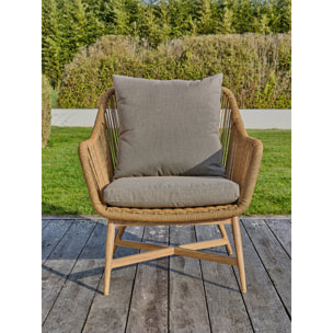 PALMAS - Salon bas de jardin 5 places alu aspect bois, teck et corde tissée