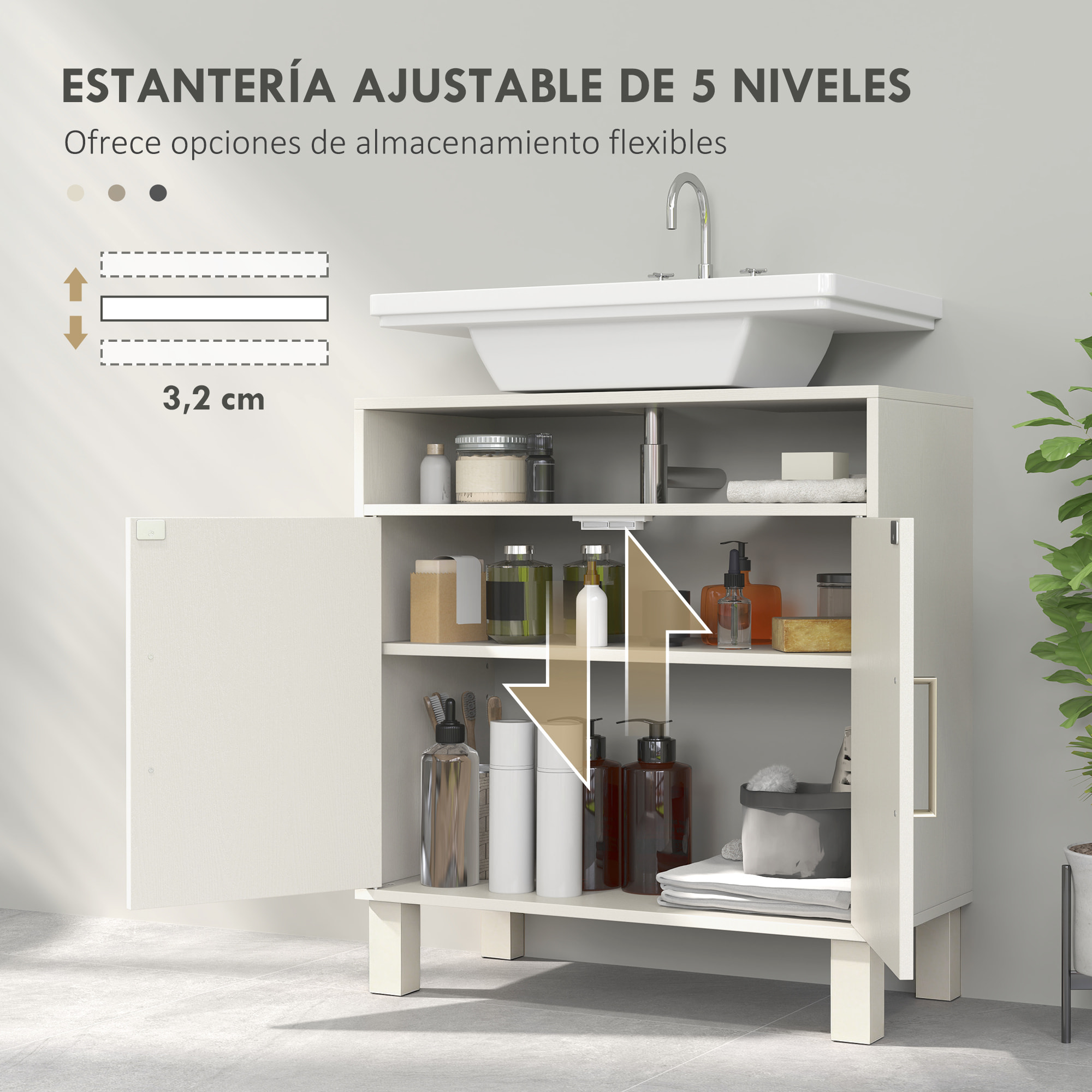 Mueble Bajo Lavabo, Mueble de Baño con Estante Ajustable para Lavabos sin Pedestal, 60x30x63 cm, Blanco Crema