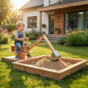 Arenero para Niños de Madera con Excavadora, Arenero Infantil con Asiento Giratorio 360° y Forro de Tela no Tejida, sin Motor, Caja de Arena para Niños de 3-6 Años, 184x90x56 cm, Natural