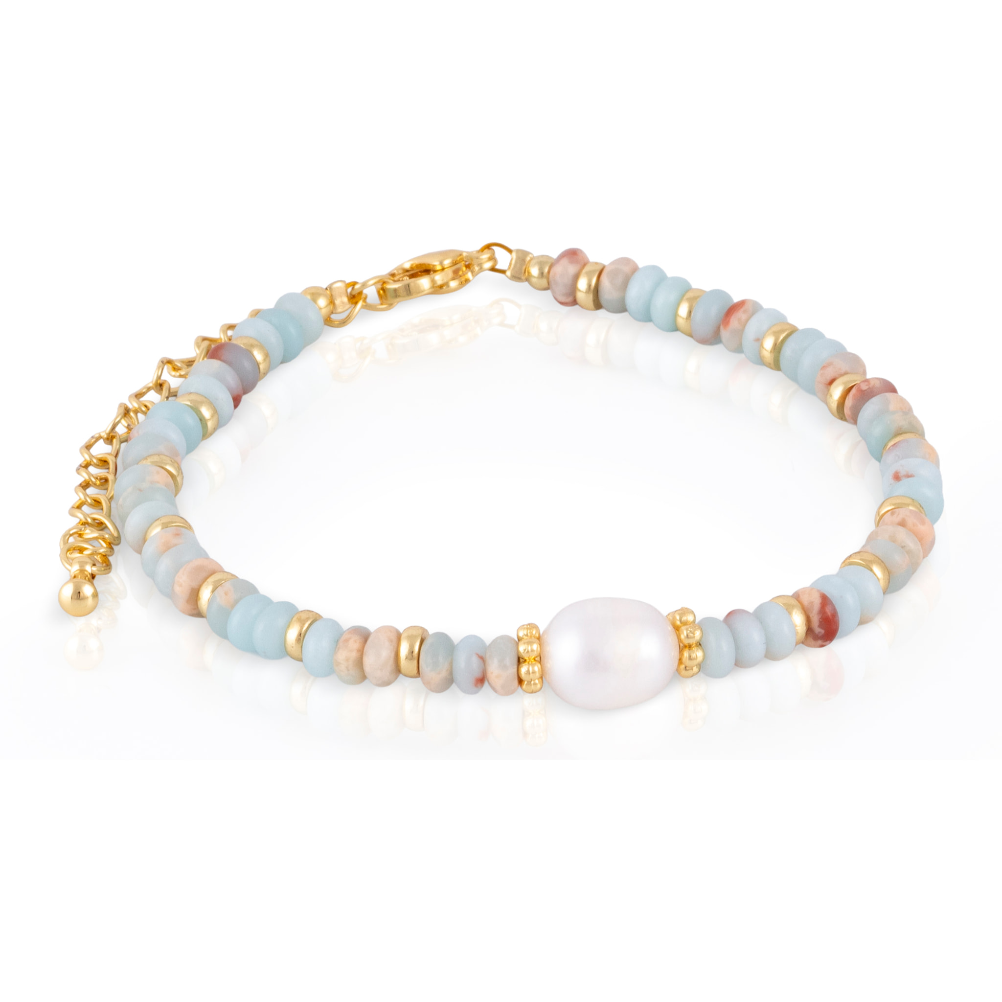 Pulsera de piedras Shou shan, perla blanca natural y cierre de mosquetón.