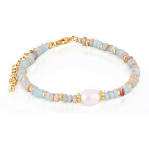 Pulsera de piedras Shou shan, perla blanca natural y cierre de mosquetón.