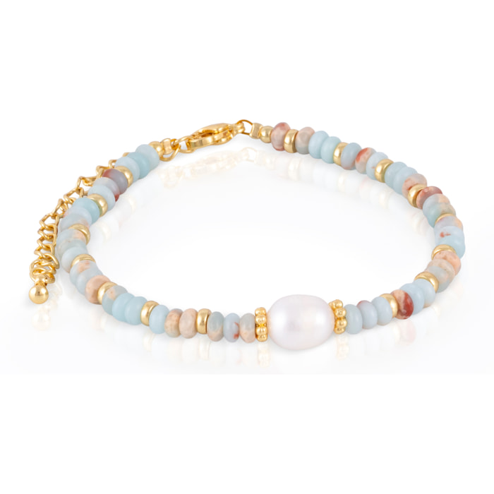 Pulsera de piedras Shou shan, perla blanca natural y cierre de mosquetón.