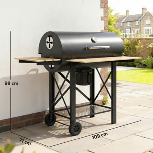 Barbacoa de Carbón Portátil, Barbacoa de Carbón Móvil con Estantes Plegables, Termómetro, Tapa, Ventilaciones Ajustables, Recoge Cenizas, Ruedas, Asa, 109x71x98 cm, Negro y Madera Natural