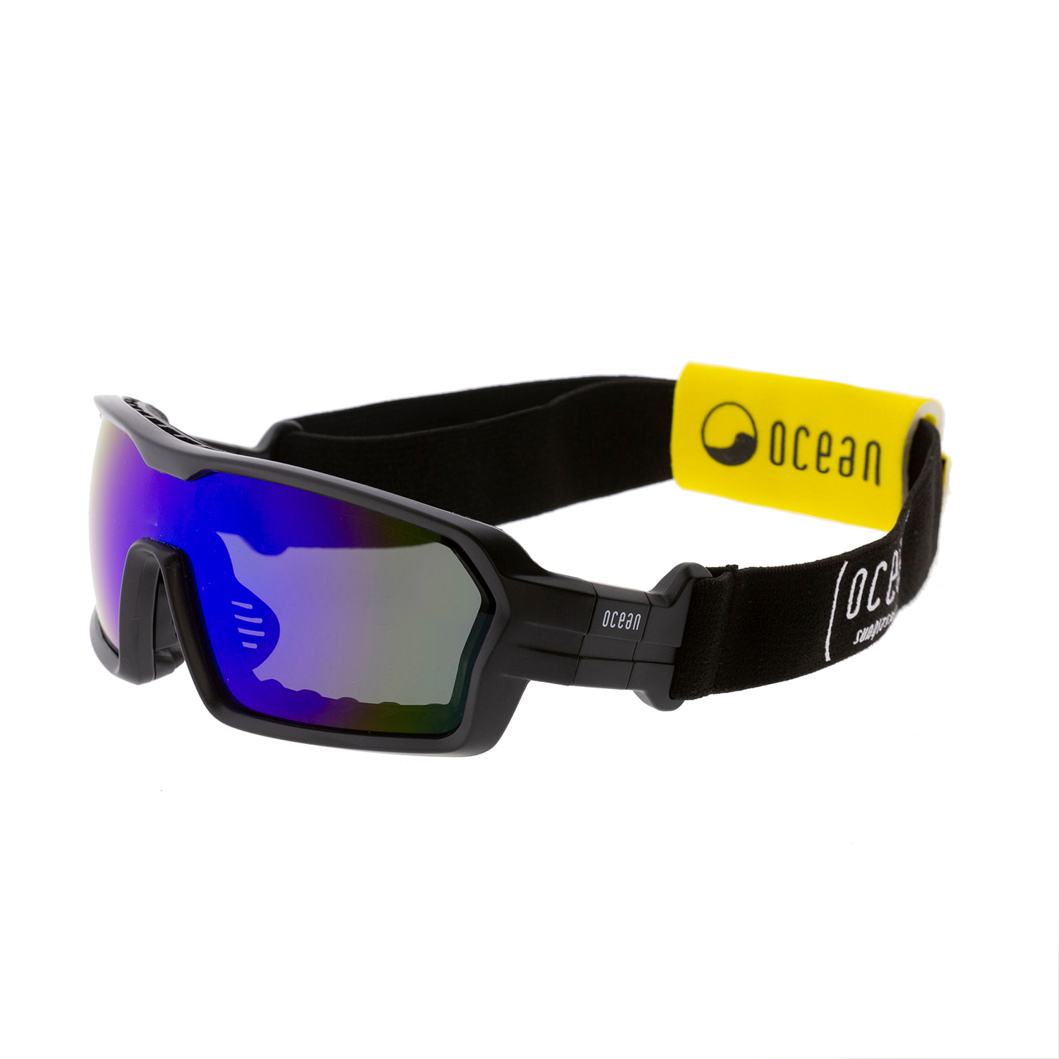 Gafas de deportes acuáticos OCEAN CHAMELEON - Negro mate / Revo azul con plaquetas puntas y espuma negras con correa negra