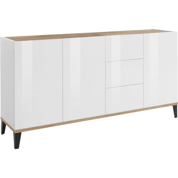 Credenza moderna a 3 ante e 3 cassetti, Made in Italy, Madia da cucina rialzata, Buffet di design da soggiorno, Cm 160x40h82, Bianco lucido e Acero