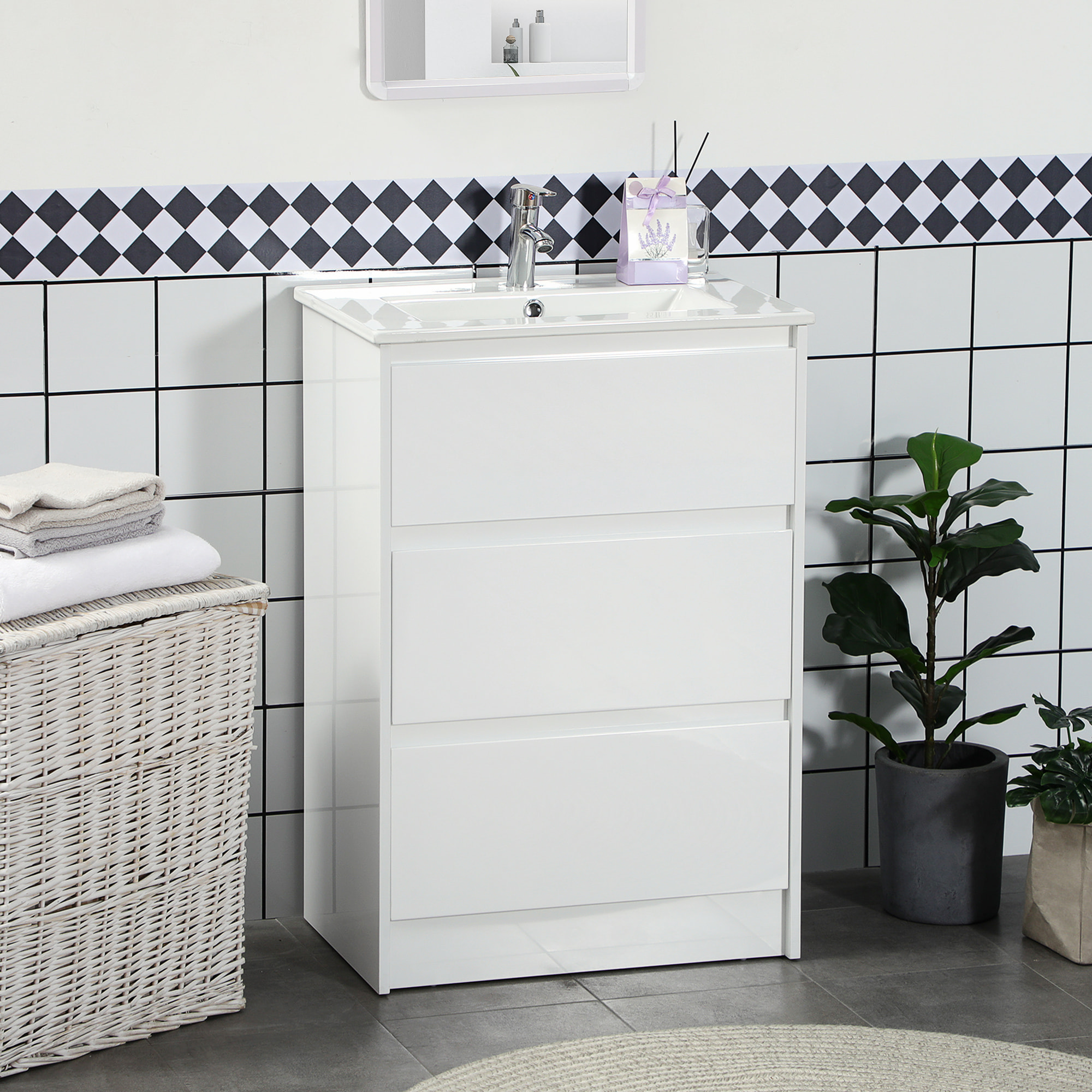 Mueble de Baño con Lavabo Armario de Baño Bajo Lavabo de Baño de Cerámica Sintética con 2 Cajones 61x37x88 cm Blanco Brillante