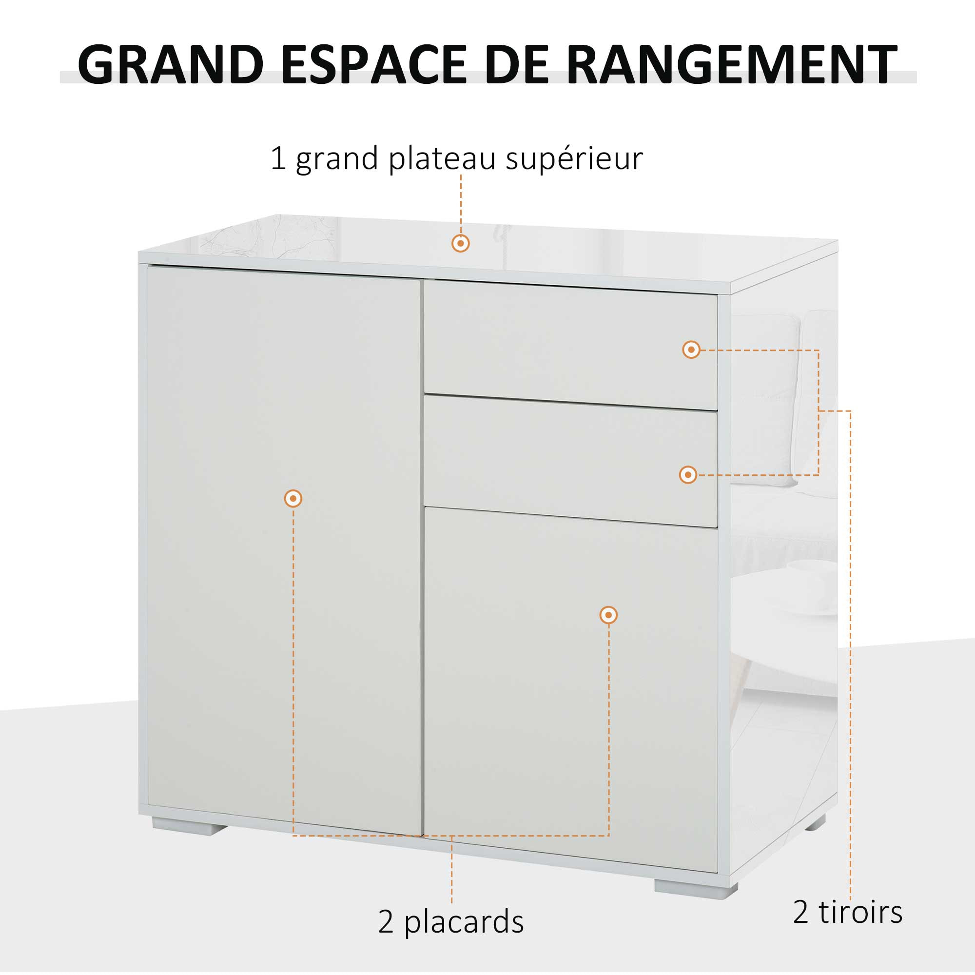 Commode buffet meuble de rangement 2 tiroirs 2 portes avec étagère 79 x 36 x 74 cm blanc