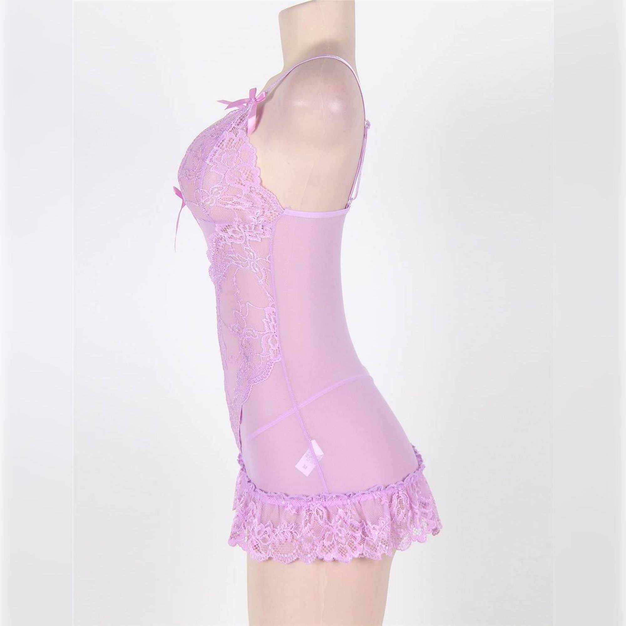 Babydoll lila cuello v y encaje con bragas