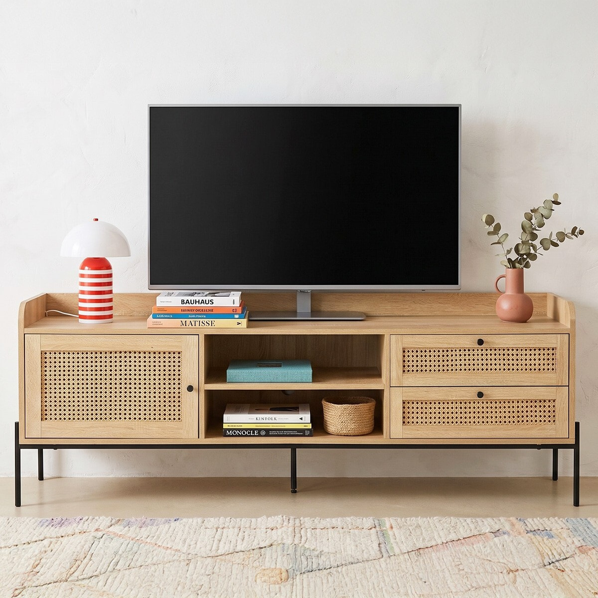 Meuble TV 1 porte 2 tiroirs en cannage et effet chêne - IRIS